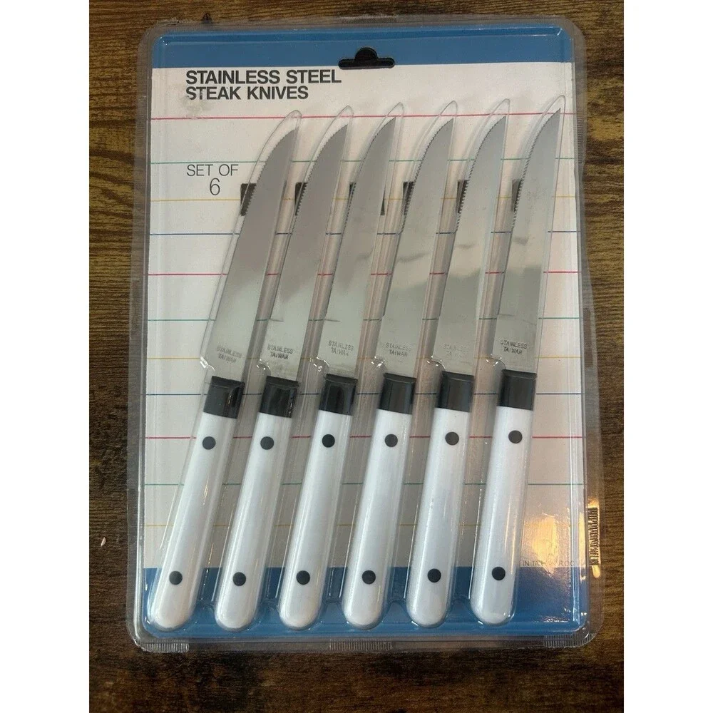Vintage NOS Stainless Steel Steak Knife Set of 6 White Handles Taiwan ROC Sealed